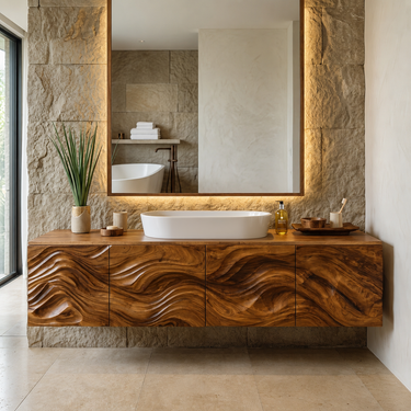 Wooden Floating Bathroom Vanity Wave Carved Cabinet For Bathroom Remodel