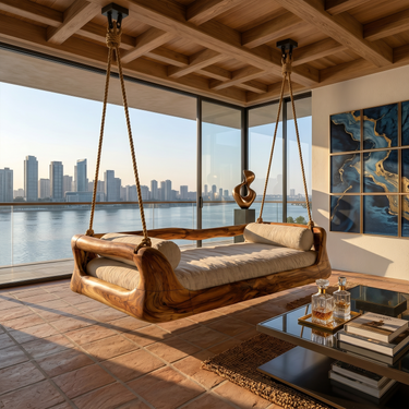 Sculptural Organic Wood Hanging Daybed Swing Penthouse Balcony