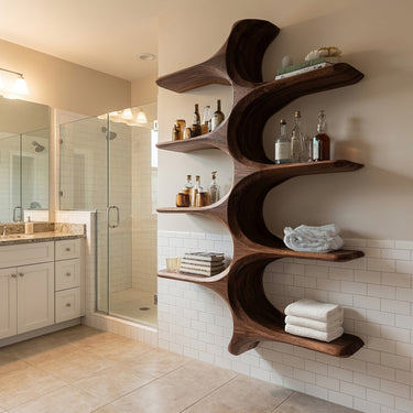Organic Sculptural Natural Wood Bathroom Shelf For Spa