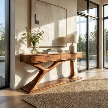 Contemporary Wooden Console Table With Sculptural Base For Living Room