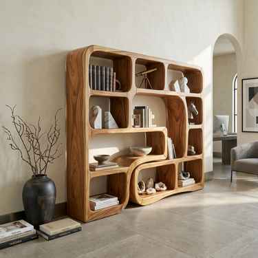 Luxury Wooden Bookcase With Organic Wave Design
