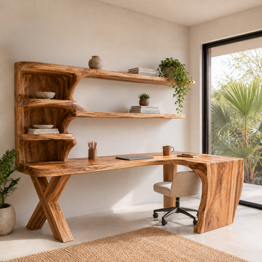 Contemporary Wood Desk With Curved Bookshelves For Home Office