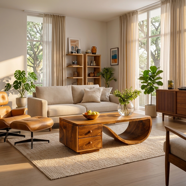 Wood Coffee Table With Unique Curved Base And Drawer For Home