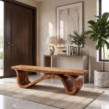 Sculptural Wood Bench For Entryway Living Room