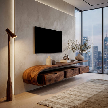 Minimal Curved Floating TV Console With Drawers For Living