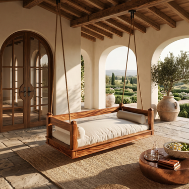 Mediterranean Wooden Hanging Daybed Swing Luxury Villa Patio