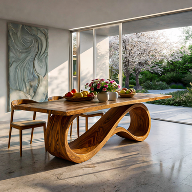 Wooden Dining Table With Flowing Base For Kitchen