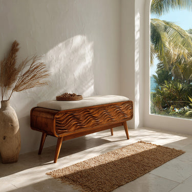 Modern Coastal Carved Storage Bench For Living Room