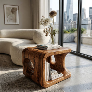 Organic Natural Wood Open Cube Side Table For Living Room