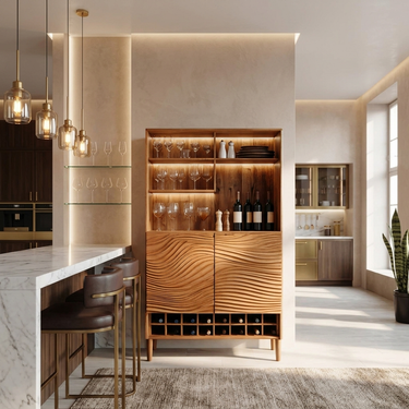 Sculptural Bar Cabinet With Wave Doors And Wine Storage For Kitchen
