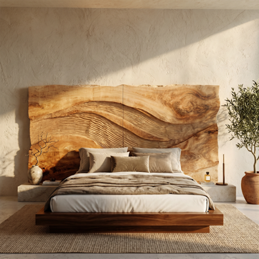 Contemporary Wave Carved Wood Headboard For Warm Minimalist Bedroom