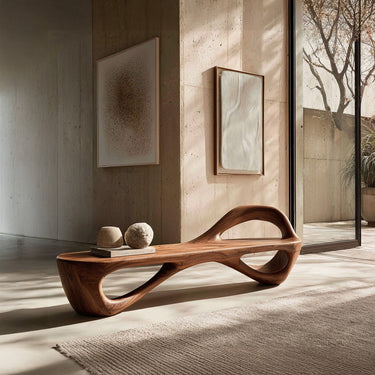 Handcrafted Sculptural Wooden Bench For Living Room Space