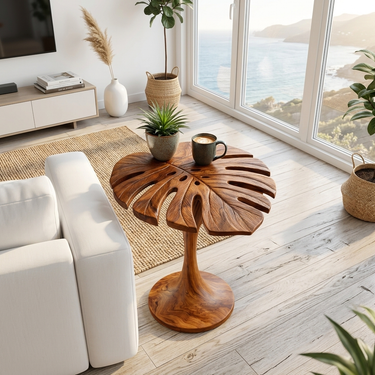 Modern Wooden Side Table Leaf Shape Top For Sofa Side