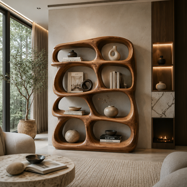 Organic Wooden Bookshelf With Sculptural Open Shelving For Living Room
