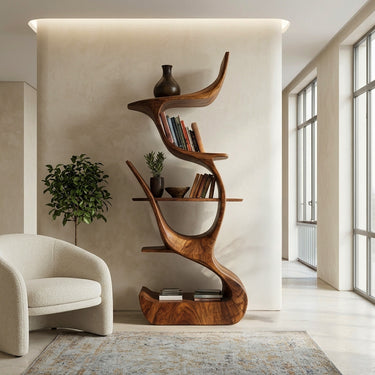 Contemporary Organic Wooden Bookshelf For Living Room Corner