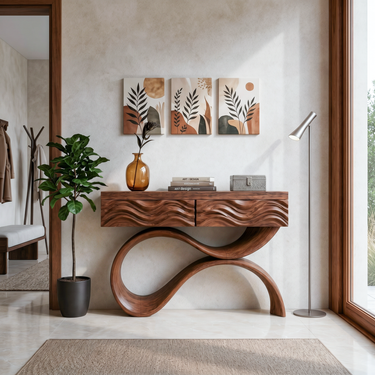 Modern Wood Console Table With Elegant Curved Base For Entryway