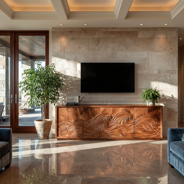Contemporary TV Stand With Hand Carved Wave For Designer Homes