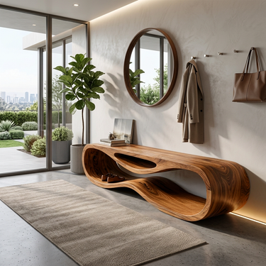 Sculptural Wooden Bench With Unique Wave Base For Entryway