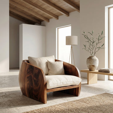 Organic Wooden Armchair With Rounded Frame For Luxury Living Room