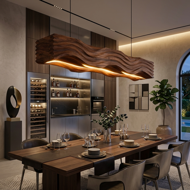 Sculpted Pendant Light Featuring Flowing Wave Carving For Dining