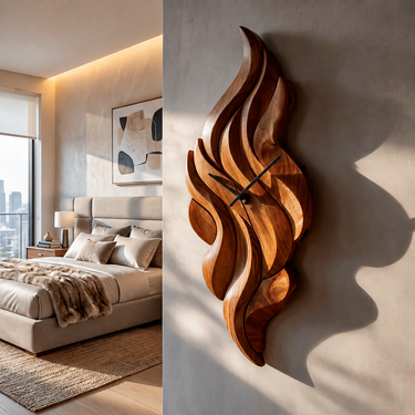 Modern Wooden Wall Clock With Sculptural Wave Carving For Interior