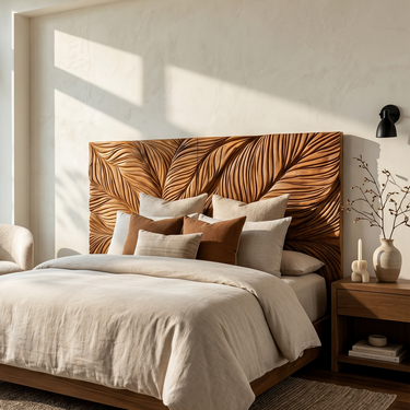 Organic Leaf Relief Wood Headboard For Minimal Bedroom