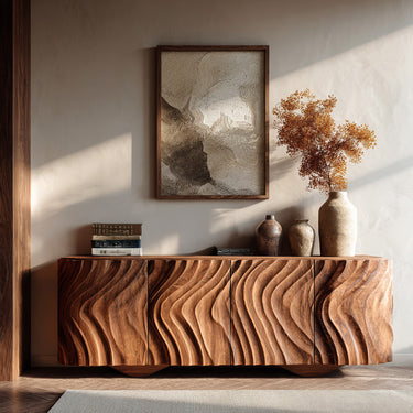 Farmhouse Wooden Sideboard With Carved Wave Doors For Living Storage