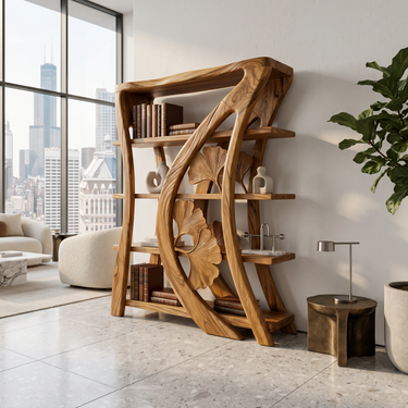 Artistic Wooden Bookcase With Botanical Sculpture Design