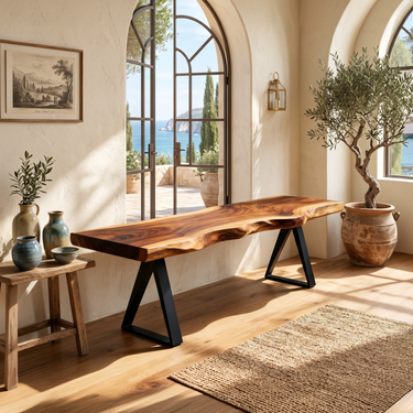 Mid Century Live Edge Slab Bench For Dining Interior Space