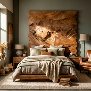 Organic Swirl Wood Headboard For Luxury Earth Tone Bedroom Decor