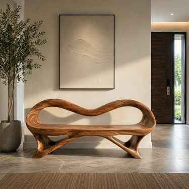 Fluid Wooden Bench With Artistic Open Frame For Hallway