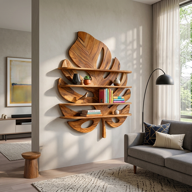 Artistic Wooden Tropical Leaf Wall Mounted Bookshelf For Home Decor