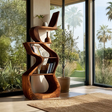 Sculptural Wooden Bookshelf For Living Room Corner