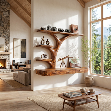 Organic Floating Desk With Branch Shaped Open Shelves For Workspace