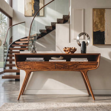 Mid Century Curved Console Table With Drawers For Entryway