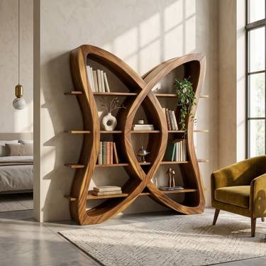 Butterfly Inspired Wooden Bookcase In Organic Style