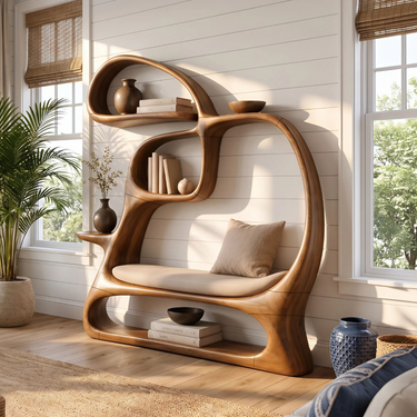 Mid Century Bench Bookcase For Comfortable Lounge Area