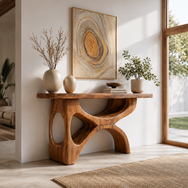 Modern Wooden Console Table With Sculptural Base For Living Decor