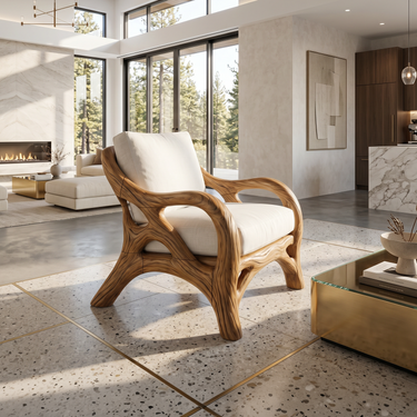 Luxury Organic Wood Lounge Chair with Sculptural Architectural Design