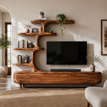 Contemporary Wood TV Stand With Multi-tiered Shelves For Living