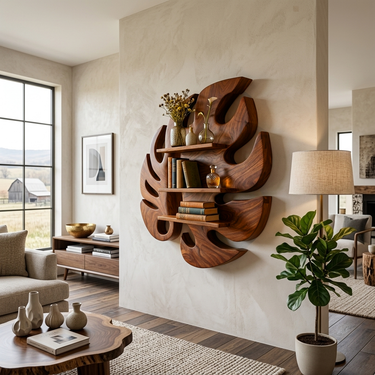 Wooden Leaf Inspired Wall Mounted Bookshelf For Living Decor