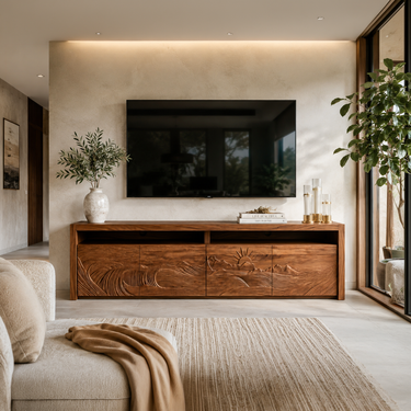 Organic TV Stand With Wave Carved Doors And Open Shelf For Home