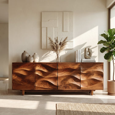 Rustic Wooden Sideboard With Undulating Doors For Living Room