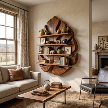 Wooden Leaf Bookshelf for Living Room Plant and Book Display