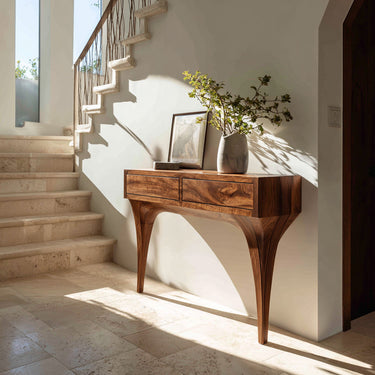 Mid Century Console Table With Sculptural Base For Entryway