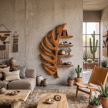 Artistic Wooden Leaf Statement Wall Bookshelf For Elegant Interiors