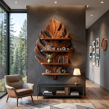 Wooden Tropical Leaf Wall Bookshelf For Living Room