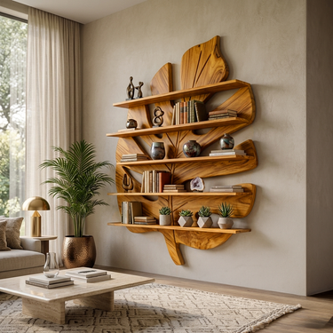 Contemporary Wooden Leaf Bookshelf For Living Room Design