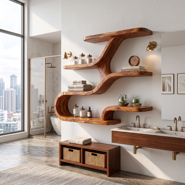 Sculptural Wood Wall Mounted Shelves for Bathroom