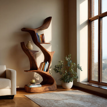 Abstract Sculptural Wooden Bookshelf For Living Room